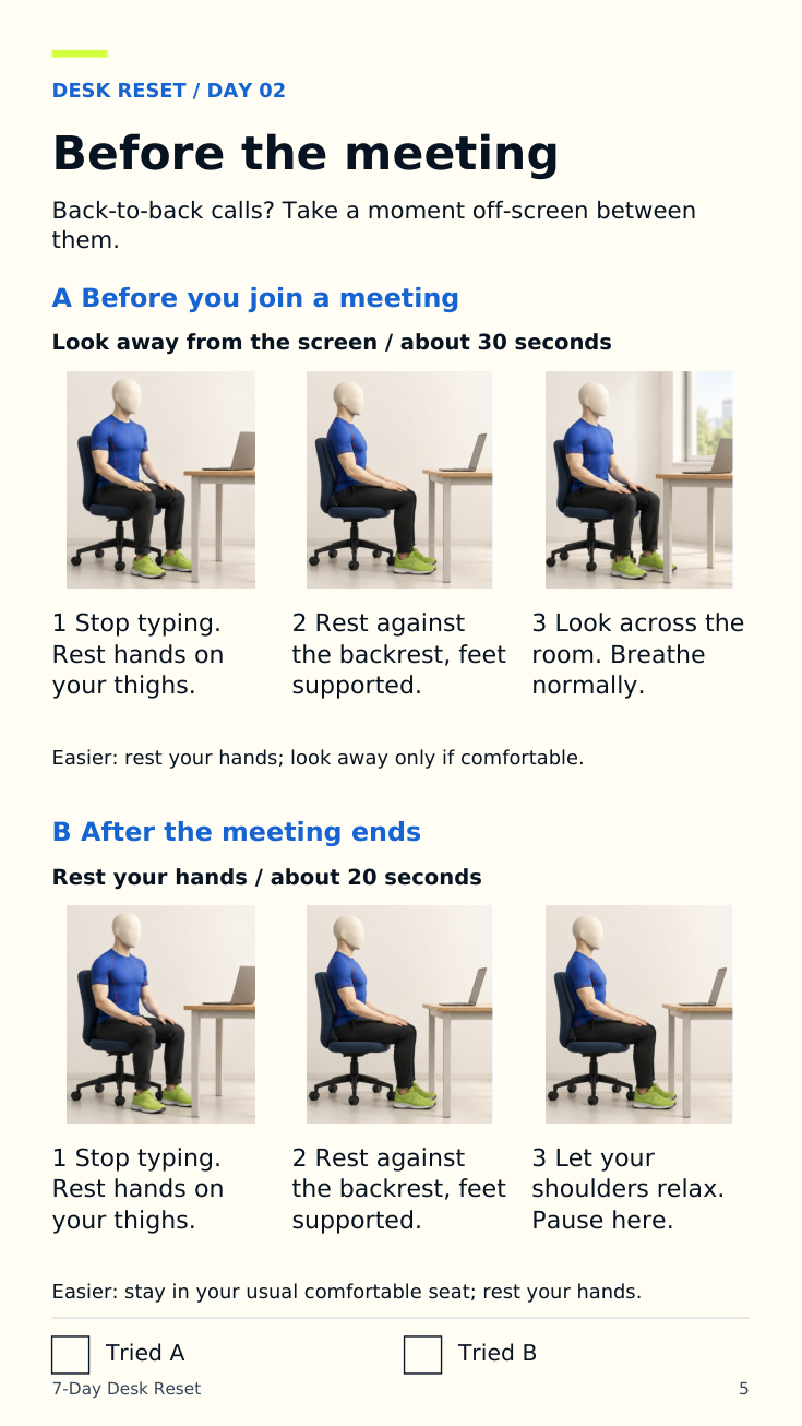 Complete Day 2 page: both suggested moments, all pictured steps, timings and easier options.