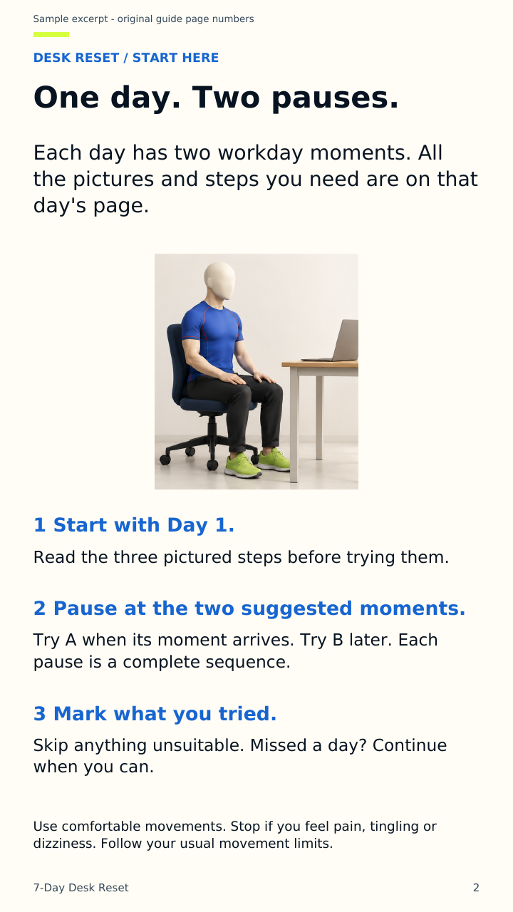 Actual Start here page from the sample: instructions, comfortable options and safety guidance.